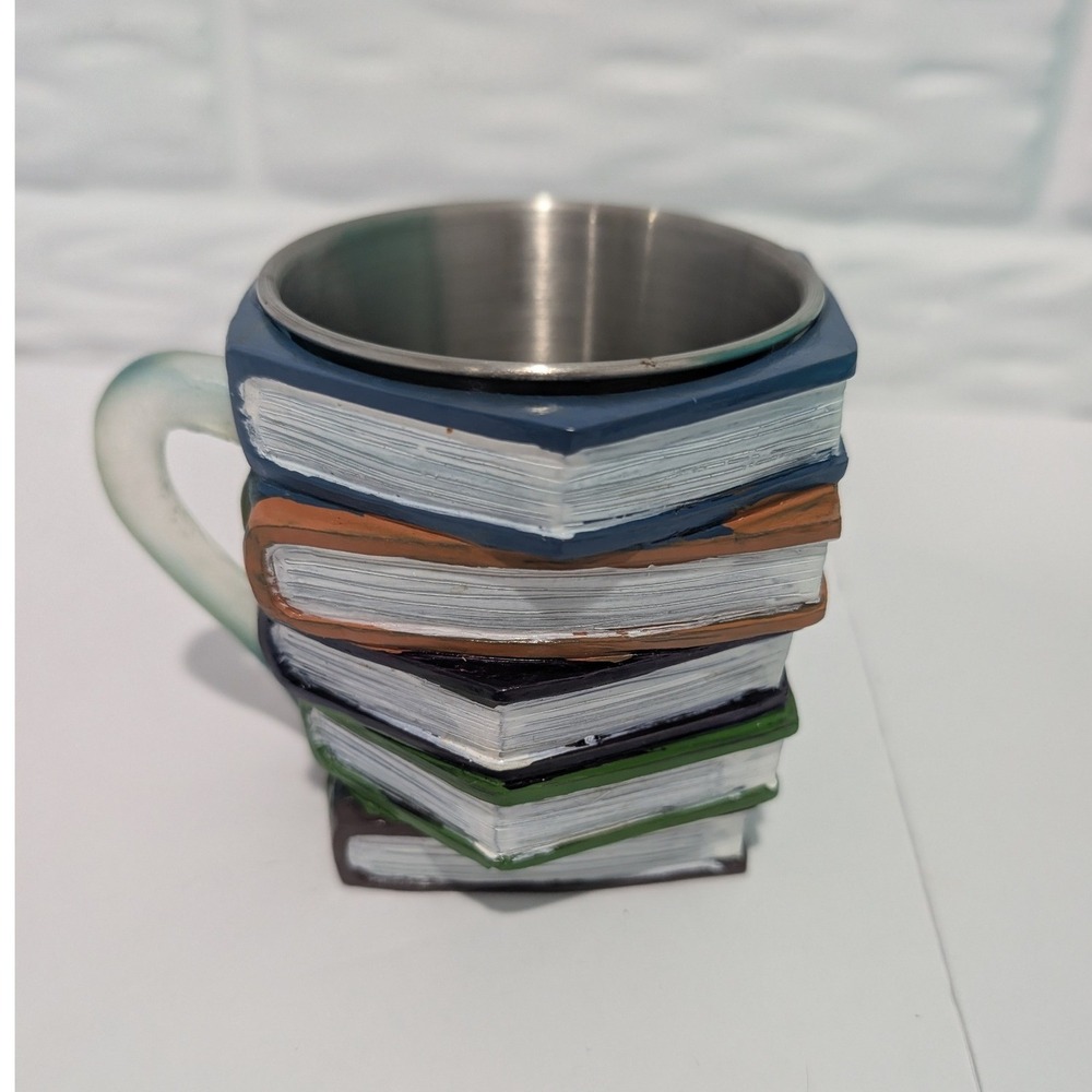 Stack of Books Coffee Mug Stainless Steel Liner Resin Hand Painted Bookworm Gift